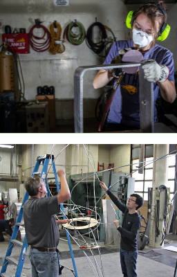 Artist working an a sculpture using mechanical tools.