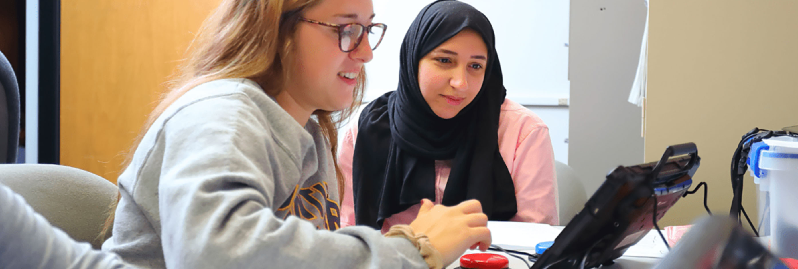 Two students looking at a computer screen.