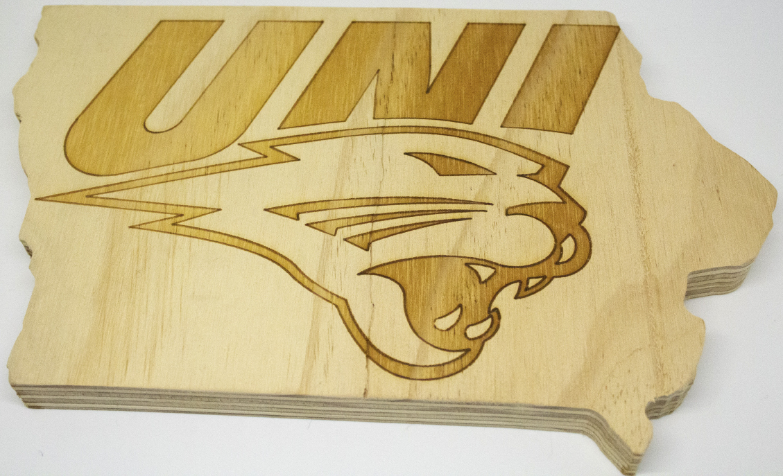 State of Iowa Wood cutout with Panther logo